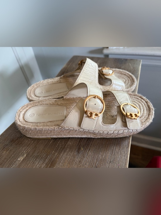 Tory Burch Shoes - Tory Burch Selby Two Band Espadrille Slides oat gold Leather Size 7 Buckles